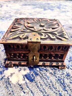 Handmade Carved Wooden Jewelry Box with Brass Latch
